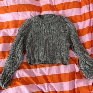 Grey Knitted Cropped Cuffed Sweater